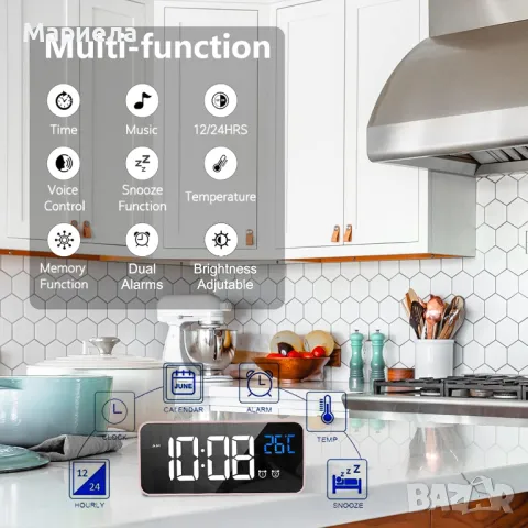 Цифров будилник с голям LED дисплей / Настолен часовник с 13 музикални тона, снимка 4 - Друга електроника - 47105771