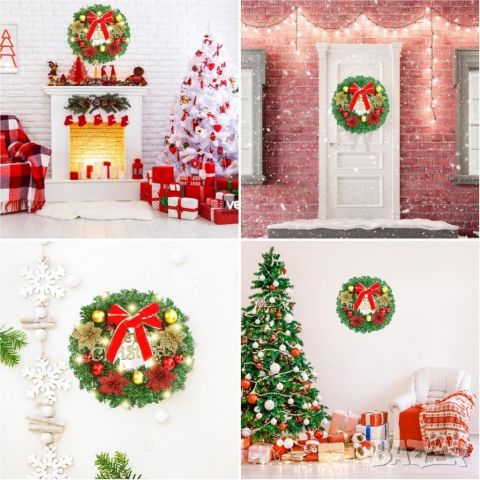Коледен венец Mеrry Christmas с панделка, Диаметър: 30см, снимка 1 - Декорация за дома - 46436471