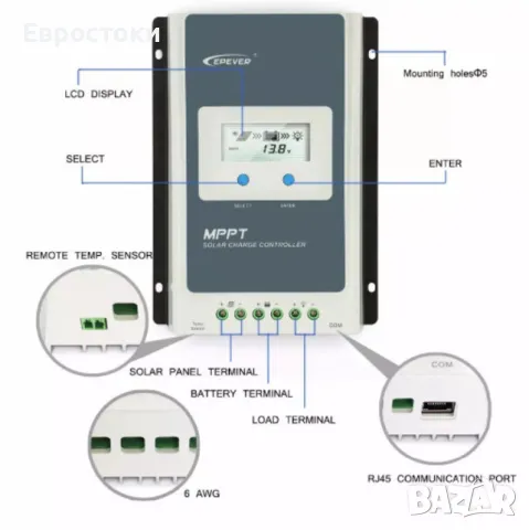 MPPT контролер за соларни панели EPEVER, модел TRACER3210AN, 30А, 12/24V, LCD дисплей, снимка 5 - Друга електроника - 49068605