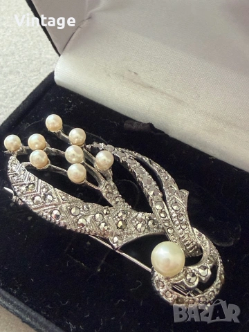 Царствена уникална масивна старинна сребърна брошка с перли и марказити , снимка 8 - Антикварни и старинни предмети - 54223331
