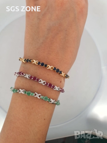 сребърна гривна с естествени сапфири, позлатена, снимка 3 - Гривни - 52278097