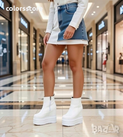 Боти на платформа - бяла кожа - SJB50 