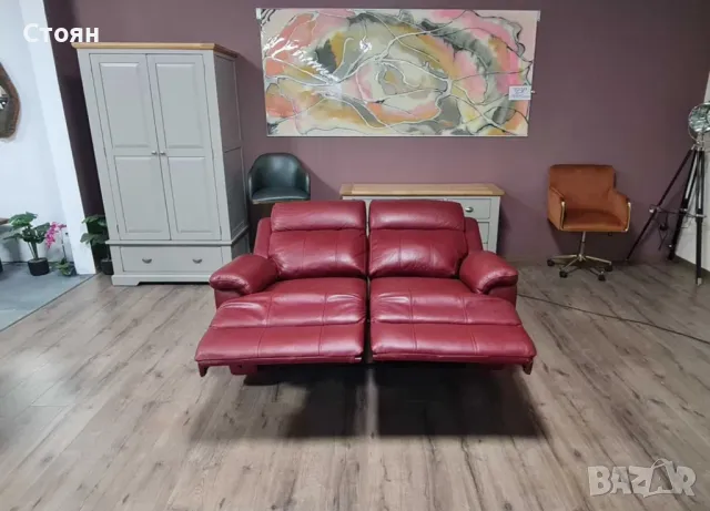 Червен кожен диван двойка с електрически релаксиращ механизъм, снимка 11 - Дивани и мека мебел - 50059015