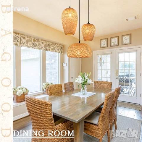 Лампа от ратан с 3 лампи, бамбук, бохо стил, ръчно плетени полилеи, снимка 7 - Лампи за таван - 53224776