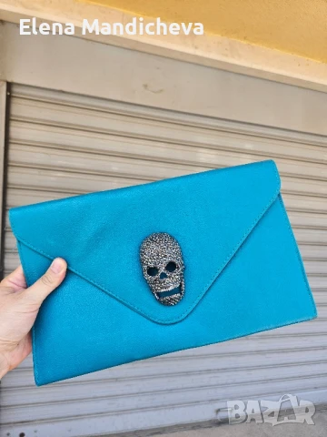 8лв Чанта клъч тюркоазен цвят с блестящ череп Филип Плейн Philipp Plein модел