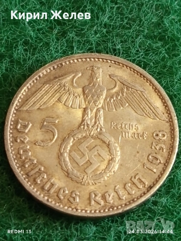 Сребърна монета 5 райхсмарки 1938г. Германия Трети Райх с Свастика за КОЛЕКЦИОНЕРИ 54381