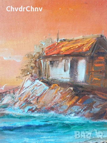 Димитър Генев 33x27см/малка българска картина масло върху платно/морски пейзаж/рибарски лодки-колиба, снимка 4 - Картини - 51153042