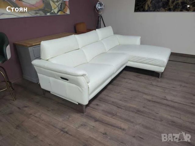 Светло кремав кожен ъглов диван с електрически релакс механизъм, снимка 5 - Дивани и мека мебел - 46475339