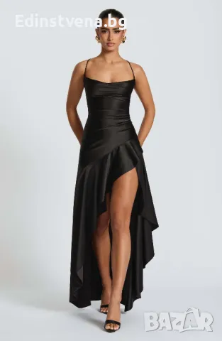 Дамска елегантна сатенена вечерна рокля с висока цепка и гръб с връзки в черно, снимка 3 - Рокли - 50419045