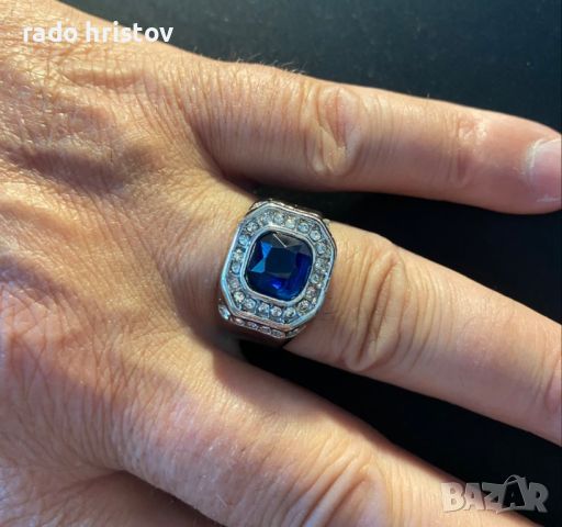 Стилен мъжки пръстен с син камък и циркони. НОВ, снимка 2 - Пръстени - 46116593