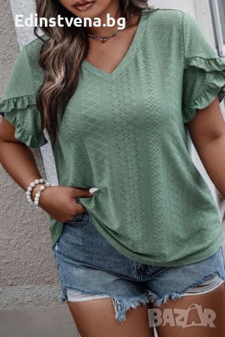 Дамска блуза в зелено с къси ефектни ръкави и свободна кройка, снимка 3 - Други - 46413851