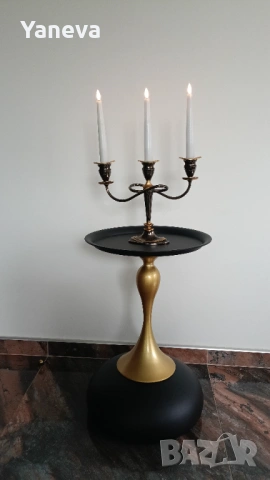 Vintage , метален, немски свещник (канделабър) с три рамена ,  в комбинация от черен и златист цвят, снимка 2 - Декорация за дома - 53904902