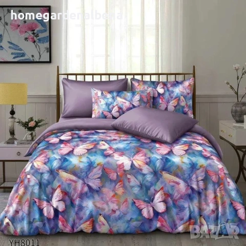 Луксозно спално бельо памучен сатен флорални десени 4 части двоен комплект с ластик