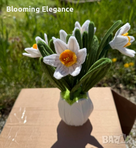 Вечни нарциси в гипсова кашпа от плюшена тел, снимка 2 - Декорация за дома - 54174354