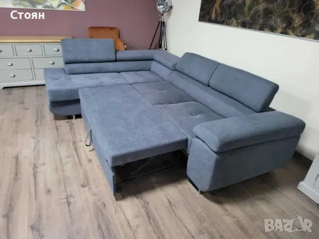 Сив ъглов диван от плат с фунция сън и ракла, снимка 5 - Дивани и мека мебел - 49329274