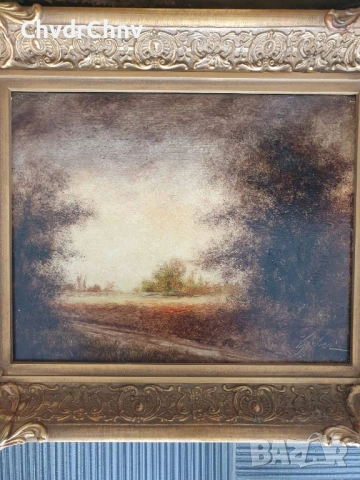 48х41см/малка стара картина масло върху фазер/горски пейзаж/път-река/барокова дървена рамка, снимка 2 - Картини - 51432554