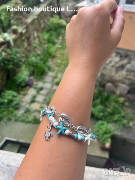 Двойна гривна за крак или ръка с сребърни мидички и тюркоазени камъчета с висулка костенурка 💚🩵💙, снимка 1