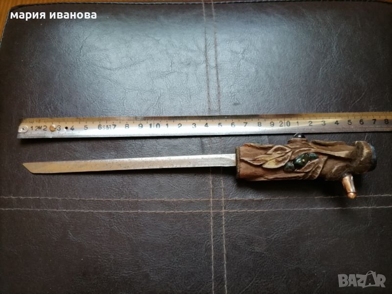 стар уникален нож за писма  с резба седеф нуумит и други полускъпоценни камъни, снимка 1