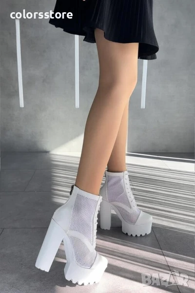 Летни боти на ток - бяла кожа с мрежа - 74-2

, снимка 1