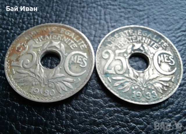 Стара монета 25 сантима 1930 г. и 1933 г. Франция - топ !, снимка 2 - Нумизматика и бонистика - 42219848