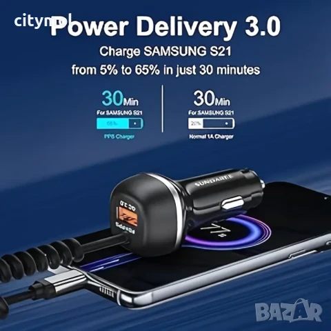 Бързо зарядно за кола, 1 x USB QC 3.0, 1 x USB, 1 x кабел Type-C, QC 3.0, снимка 4 - Зарядни за кола - 51127591