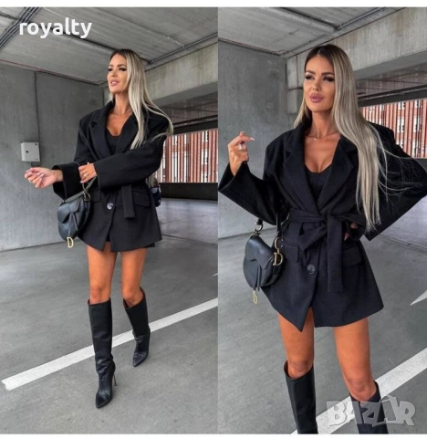 Дамско черно късо палто с колан / Различни цветове , снимка 2 - Сака - 52201495