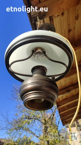 Масивен старинен месингов полилей с голяма куполна стъкленица , снимка 5 - Полилеи - 52805982