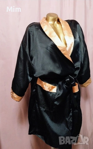 L Черен сатенен халат с двойно лице в китайски стил с бродерия дракон , снимка 4 - Нощници - 54073718