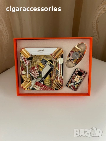 Подаръчен комплект за пури – запалка, резачка и пепелник