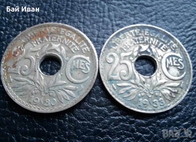 Стара монета 25 сантима 1930 г. и 1933 г. Франция - топ !, снимка 3 - Нумизматика и бонистика - 42219848