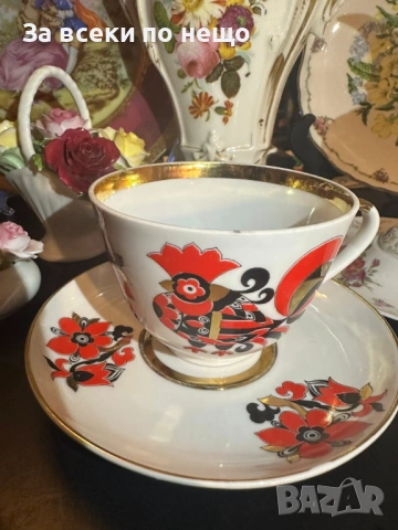 Lomonosov Imperial Porcelain Factory "Red Rooster" tea cup and saucer Код P1956, снимка 13 - Декорация за дома - 53926034