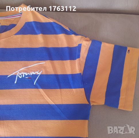 Tommy Hilfiger тениска, оранжево и синьо, S размер, но широка, обличана веднъж, снимка 3 - Тениски - 46260053