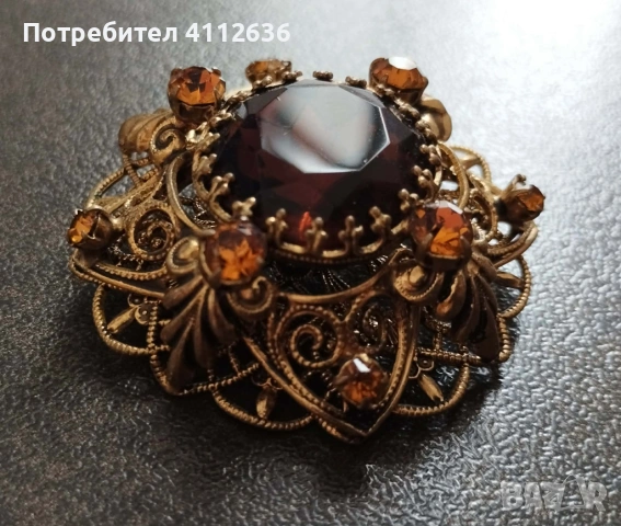 Винтидж чешка брошка с цитриново стъкло от 50-те, снимка 4 - Други - 53989021