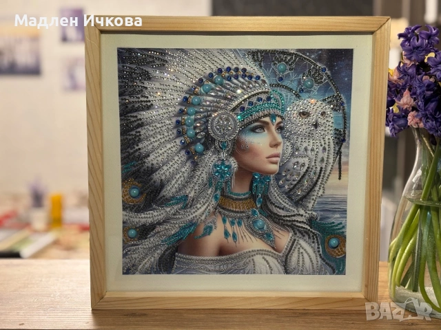 Елмазен гоблен "Принцесата с бялата сова" - в рамка, ръчна изработка, снимка 2 - Гоблени - 54093045