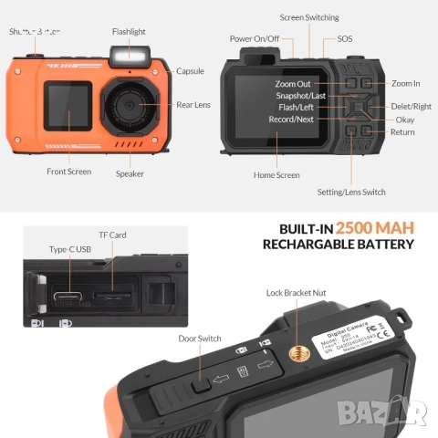 Нова 4K Подводна камера 33 FT Водоустойчива камера с два екранa Вградена батерия 2500 mAh 48MP..., снимка 9 - Камери - 51597988