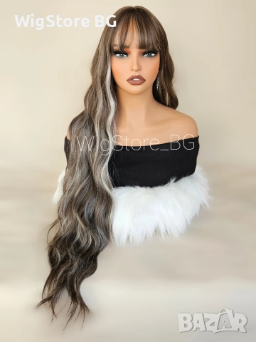 Дълга къдрава кестенява перука на кичури с бретон, снимка 3 - Аксесоари за коса - 52756491