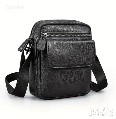 Мъжка компактна кожена чантичка с капаче / Гланцова черна естествена кожа!, снимка 3 - Чанти - 53101729