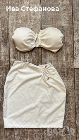 Уникален нов  бял еластичен парти официален коктейлен сет комплект от две части бюстие пола костюм 