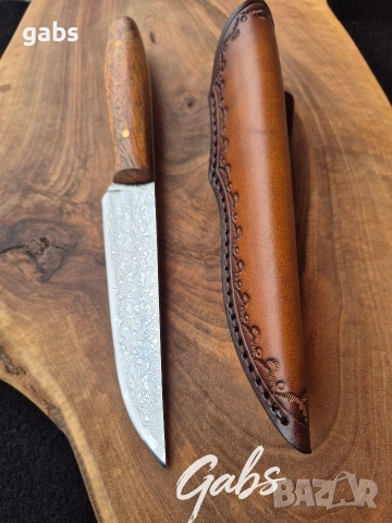 Ловен нож дамаска стомана LN439,фултанг с кожена кания, снимка 4 - Ножове - 53572029