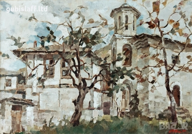 Картина "Черквата в с. Лещен", 1989 г., снимка 2 - Картини - 54124817