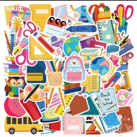 50 бр училище училищни учебни инструменти самозалепващи лепенки стикери украса декор картонена торта
