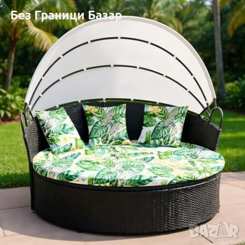 Нов Калъф за кръгло външно легло 168 см с 3 калъфа за възглавници със зелени листа десен