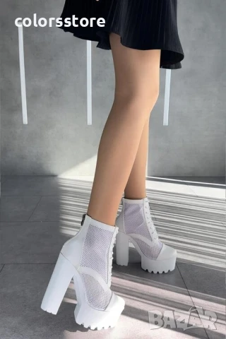Летни боти на ток - бяла кожа с мрежа - 74-2

