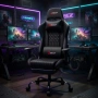 Ергономичен черен геймърски стол с поставка за крака, регулируема височина и 3D подлакътници, снимка 3