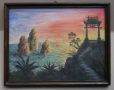 Картина акварел Залез пейзаж от Далечния Изток в рамка 29/37 см, отлична, снимка 1 - Картини - 45255597