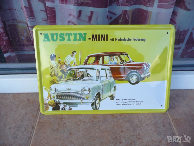 Метална табела кола Austin Mini мини автомобил ретро куче реклама, снимка 1