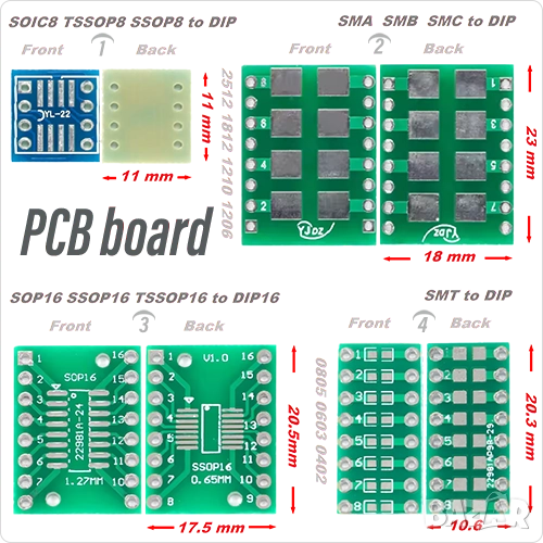 Платка PCB адаптер SMA SMT SOIC8 SOP16 to DIP;Универсална платка 2х8 3х7 4x6 5х7 7х9;Гетинакс 24x12, снимка 1