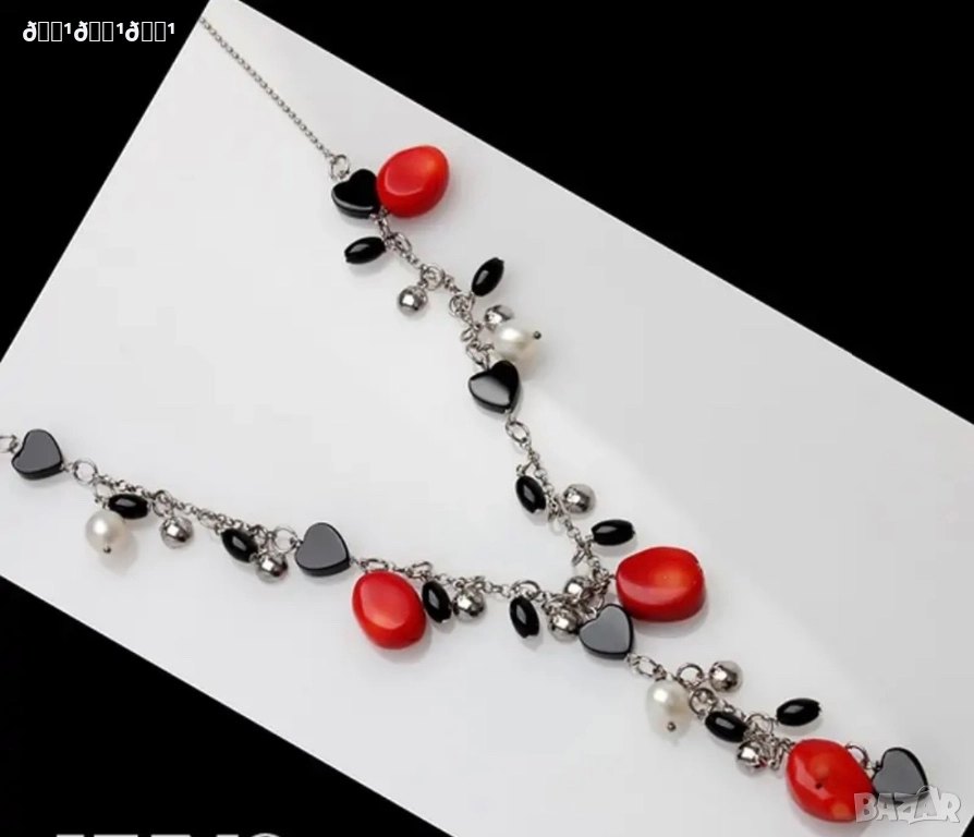Италианско сребърно колие с естествени камъни Корал, Перла, Оникс , снимка 1