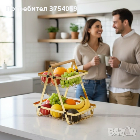 Двуетажна метална поставка за плодове Cheffinger – златист дизайн, компактна и стабилна, снимка 3 - Декорация за дома - 53174135