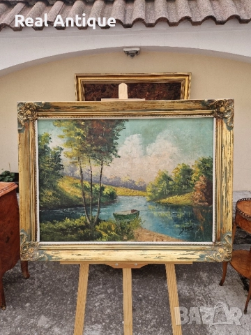 Страхотна белгийска антикварна авторска картина масло върху платно 